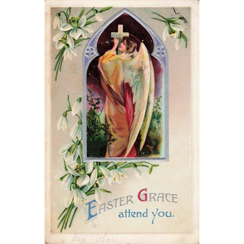 Antique Easter Postcard Angel Cross Lily of the Valley International Art 1143 - Picture 1 of 2